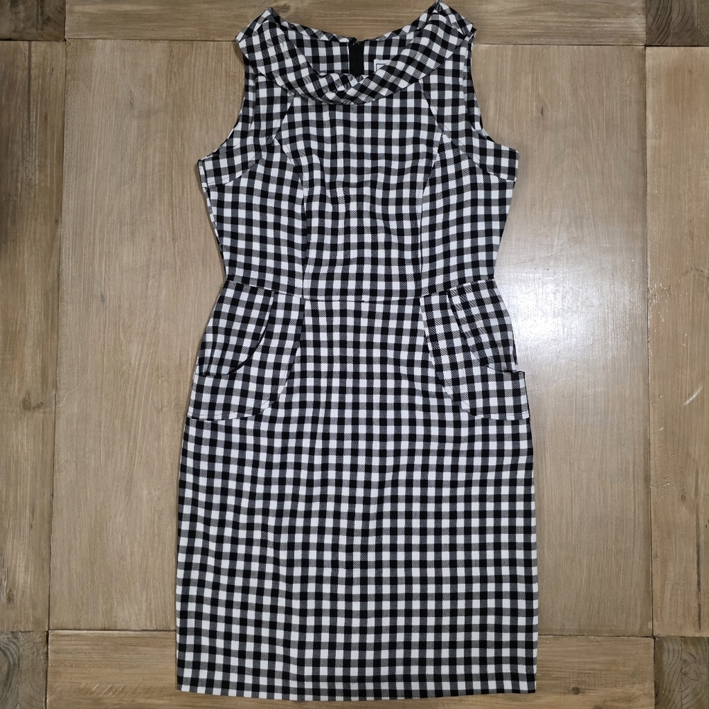 Karin Stevens Black White Gingham Sheath Dress Sleeveless Pockets Size 8